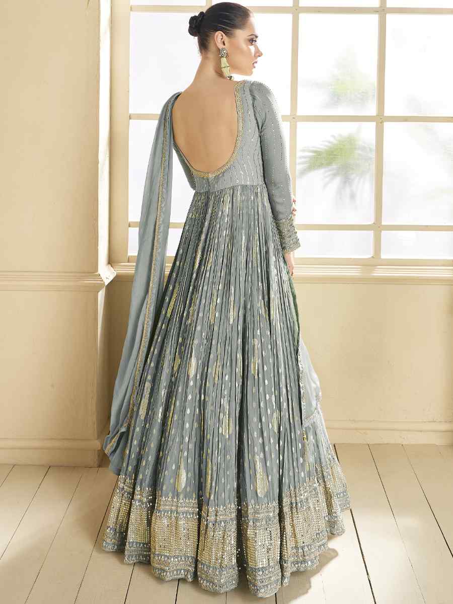 Grey Viscose Jacquard Embroidered Festival Wedding Anarkali Salwar Kameez