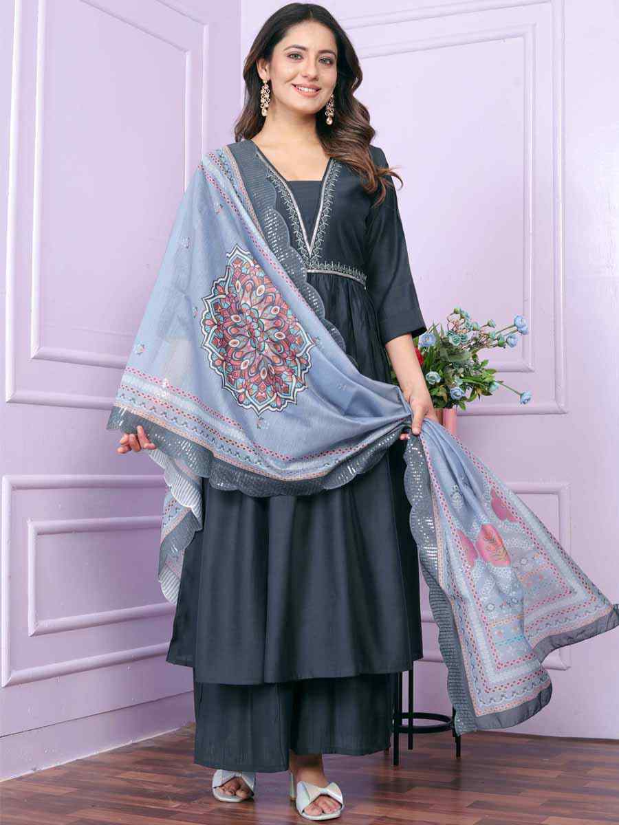 Grey Viscose Slub Embroidered Festival Mehendi Ready Anarkali Salwar Kameez