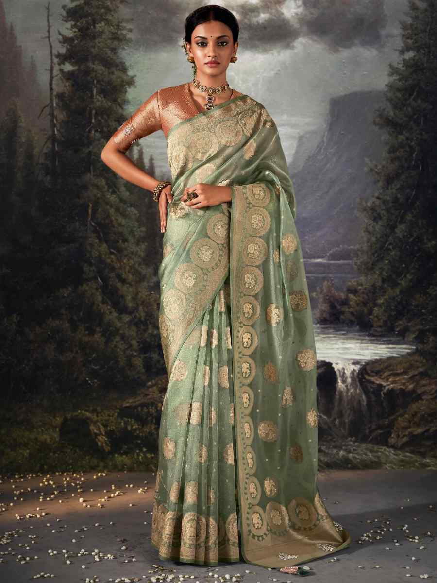 Hunter Green Organza Handwoven Festival Wedding Heavy Border Saree