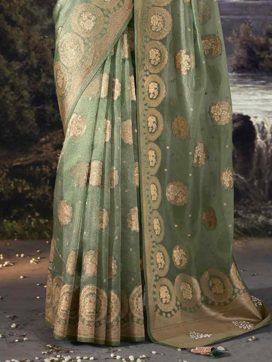 Hunter Green Organza Handwoven Festival Wedding Heavy Border Saree