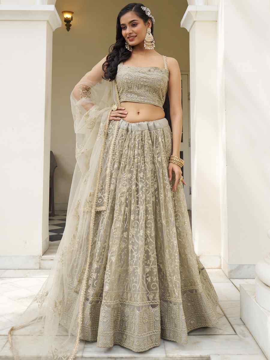 Ivory Butterfly Net Embroidered Wedding Festival Heavy Border Lehenga Choli