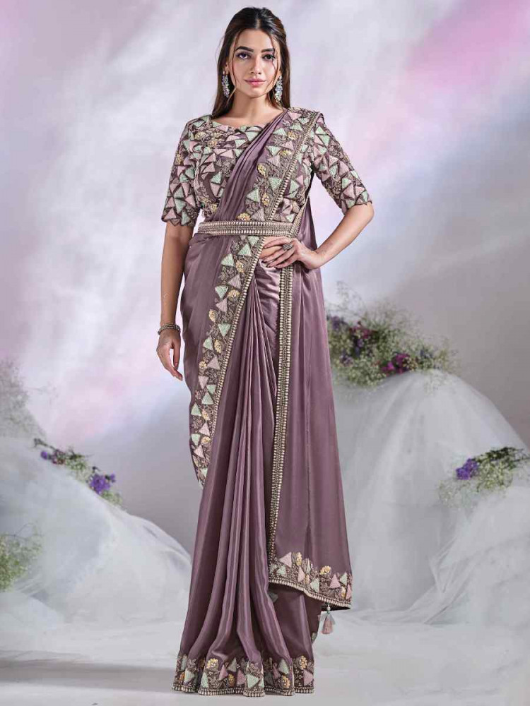 Lavendar Crepe Satin Silk Embroidered Reception Wedding Heavy Border Saree