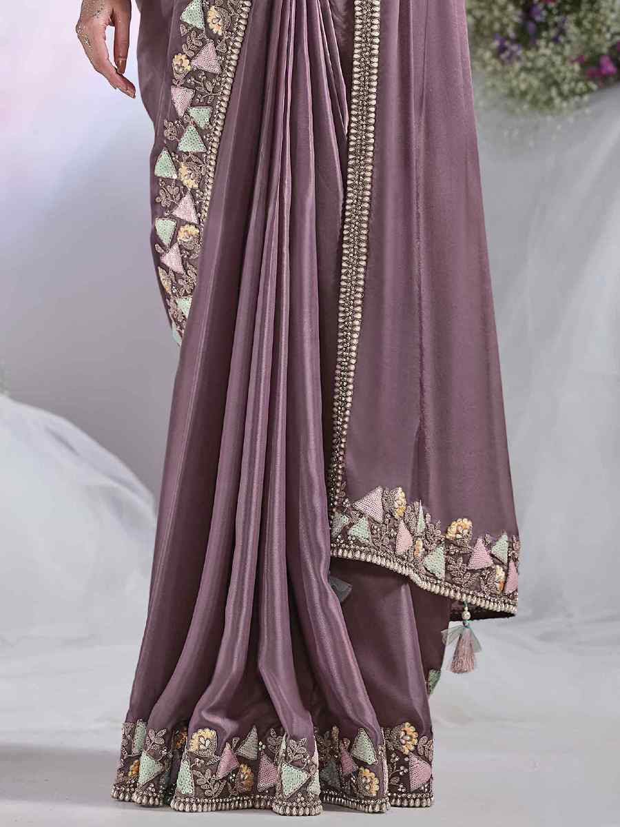 Lavendar Crepe Satin Silk Embroidered Reception Wedding Heavy Border Saree