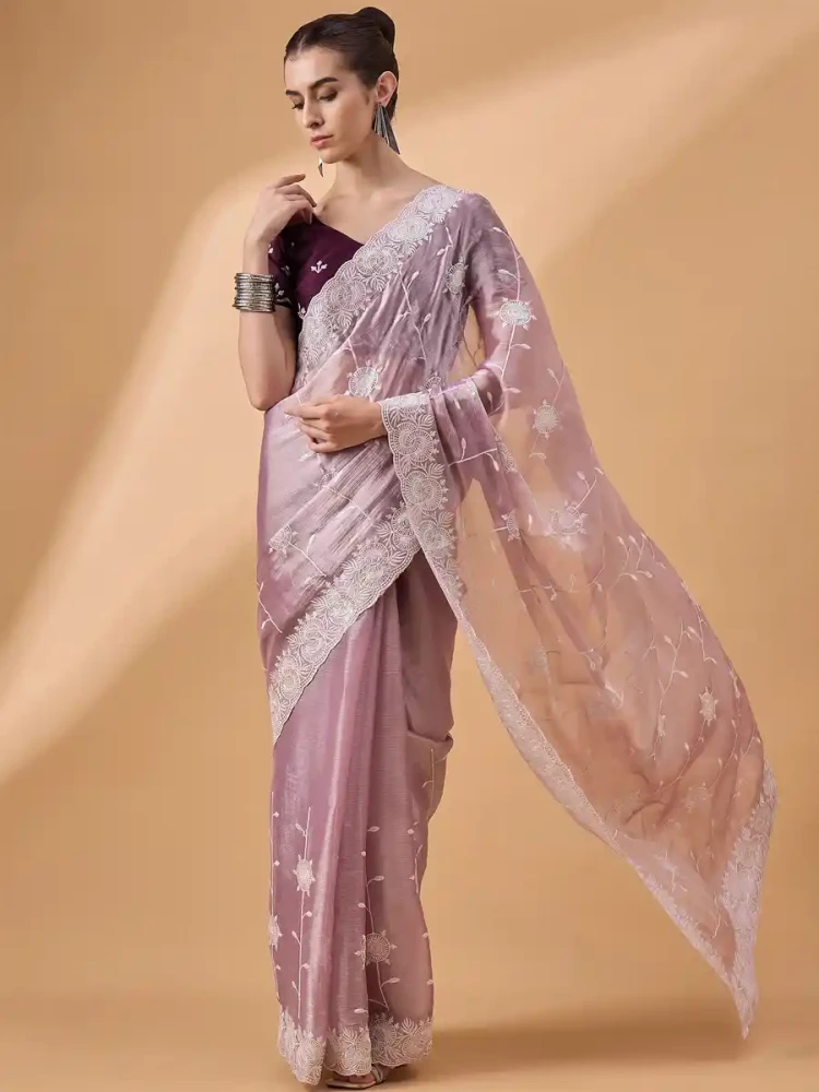 Lavendar Organza Embroidered Festival Casual Classic Style Saree