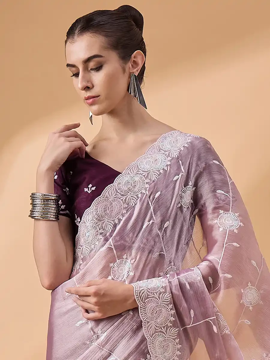 Lavendar Organza Embroidered Festival Casual Classic Style Saree