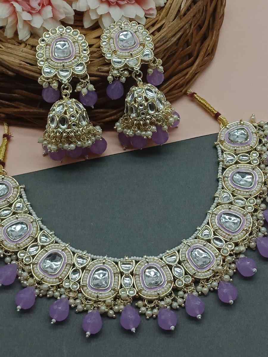 Lavender Alloy Metal Festival Wear Kundan Necklace