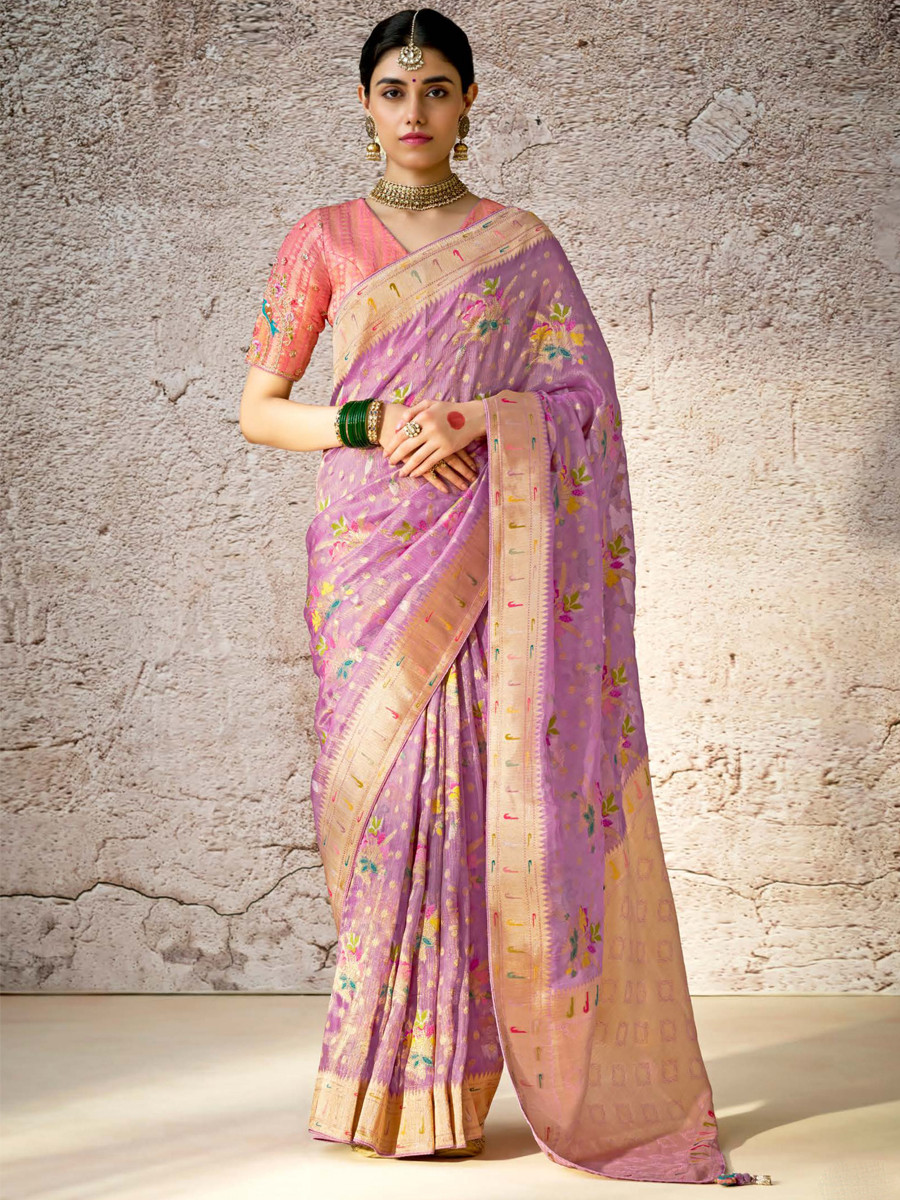 Lavender Banarasi Silk Embroidered Reception Wedding Heavy Border Saree