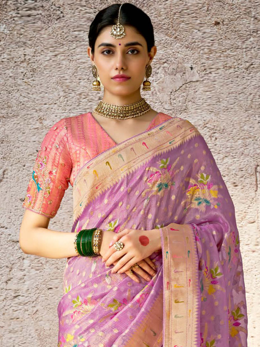 Lavender Banarasi Silk Embroidered Reception Wedding Heavy Border Saree