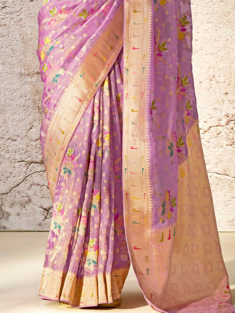 Lavender Banarasi Silk Embroidered Reception Wedding Heavy Border Saree