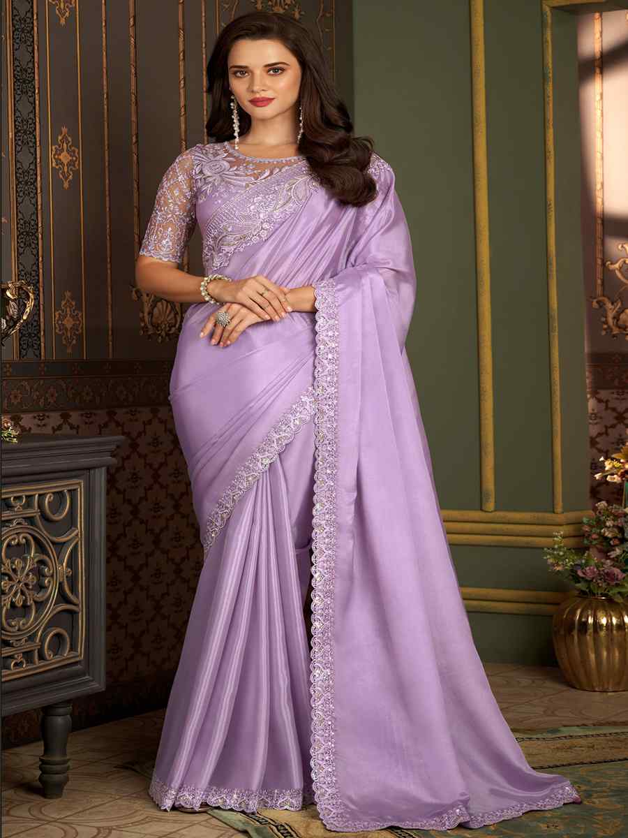 Lavender Banlogry Silk Embroidered Party Reception Heavy Border Saree