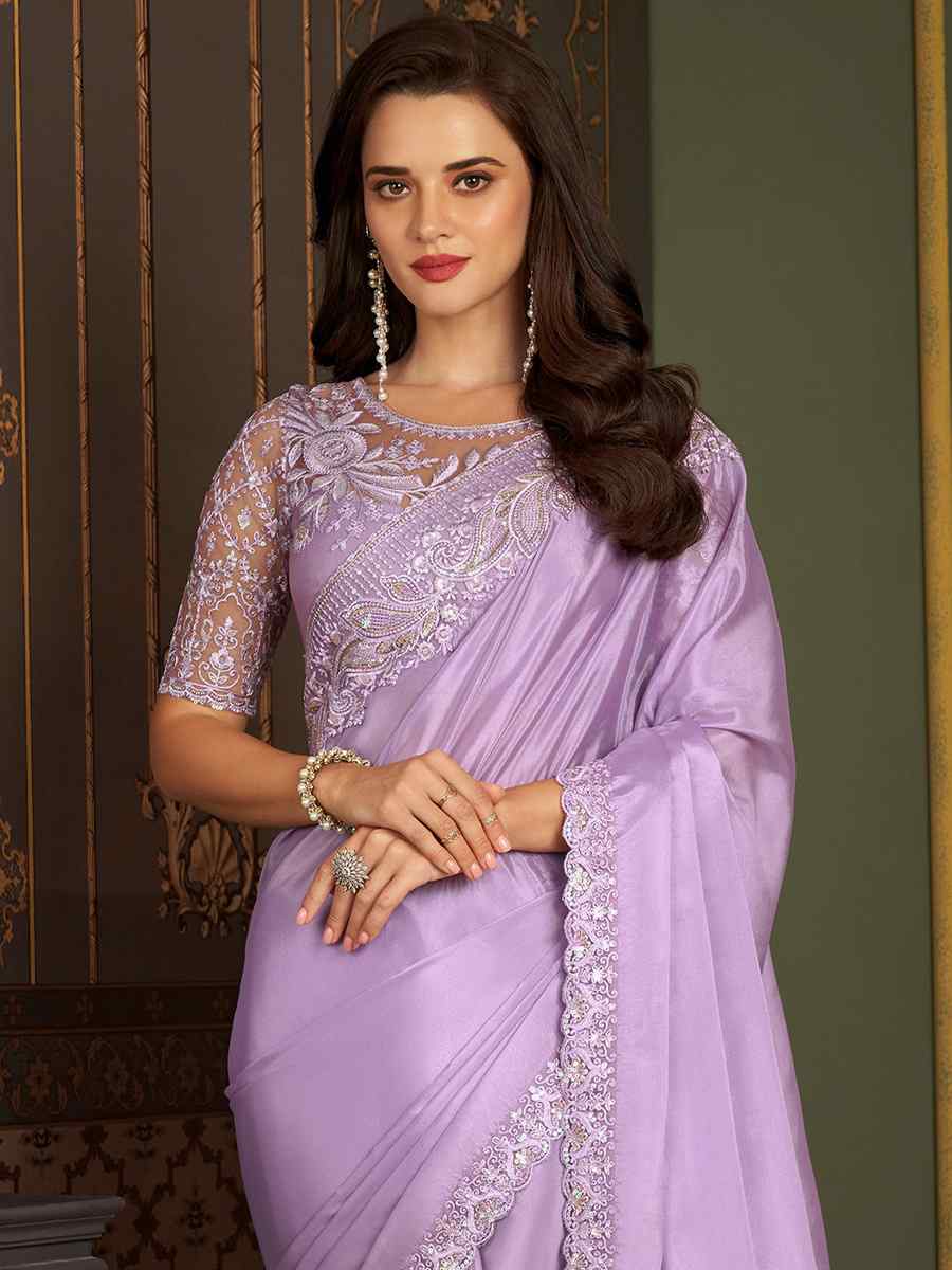 Lavender Banlogry Silk Embroidered Party Reception Heavy Border Saree