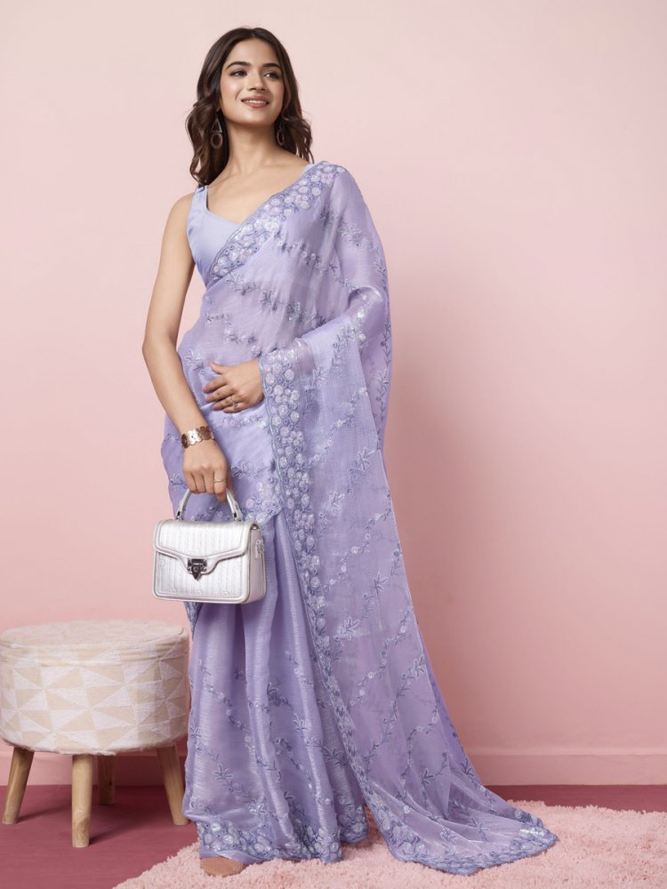 Lavender Burberry Silk Embroidered Reception Party Heavy Border Saree