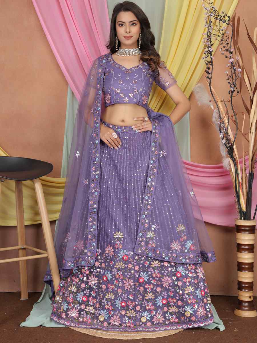 Lavender Butter Net Embroidered Bridesmaid Wedding Heavy Border Lehenga Choli