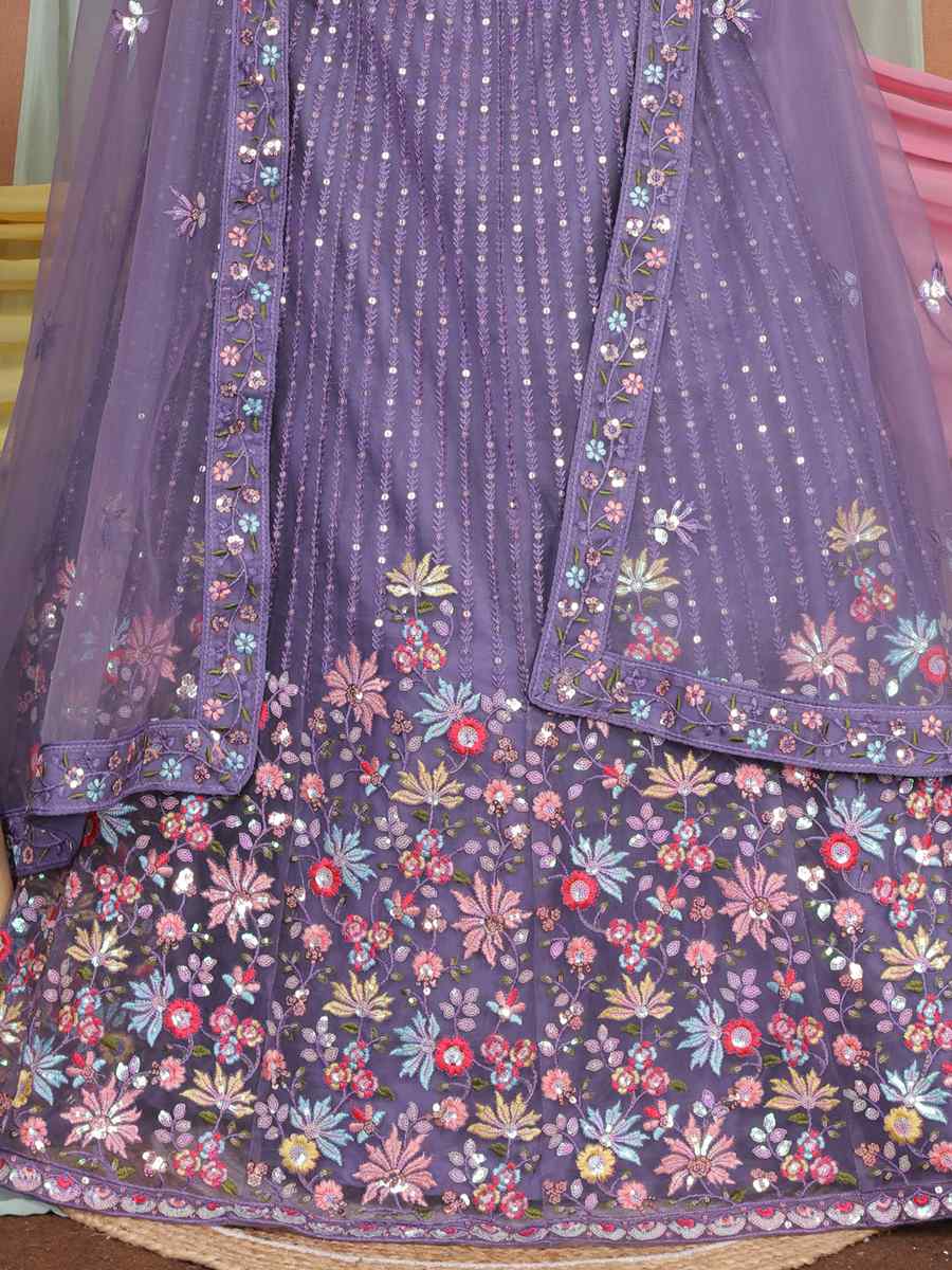 Lavender Butter Net Embroidered Bridesmaid Wedding Heavy Border Lehenga Choli