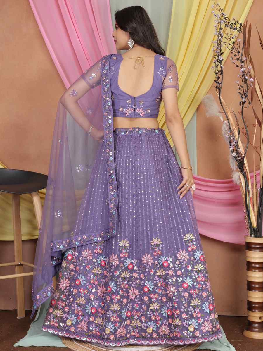 Lavender Butter Net Embroidered Bridesmaid Wedding Heavy Border Lehenga Choli