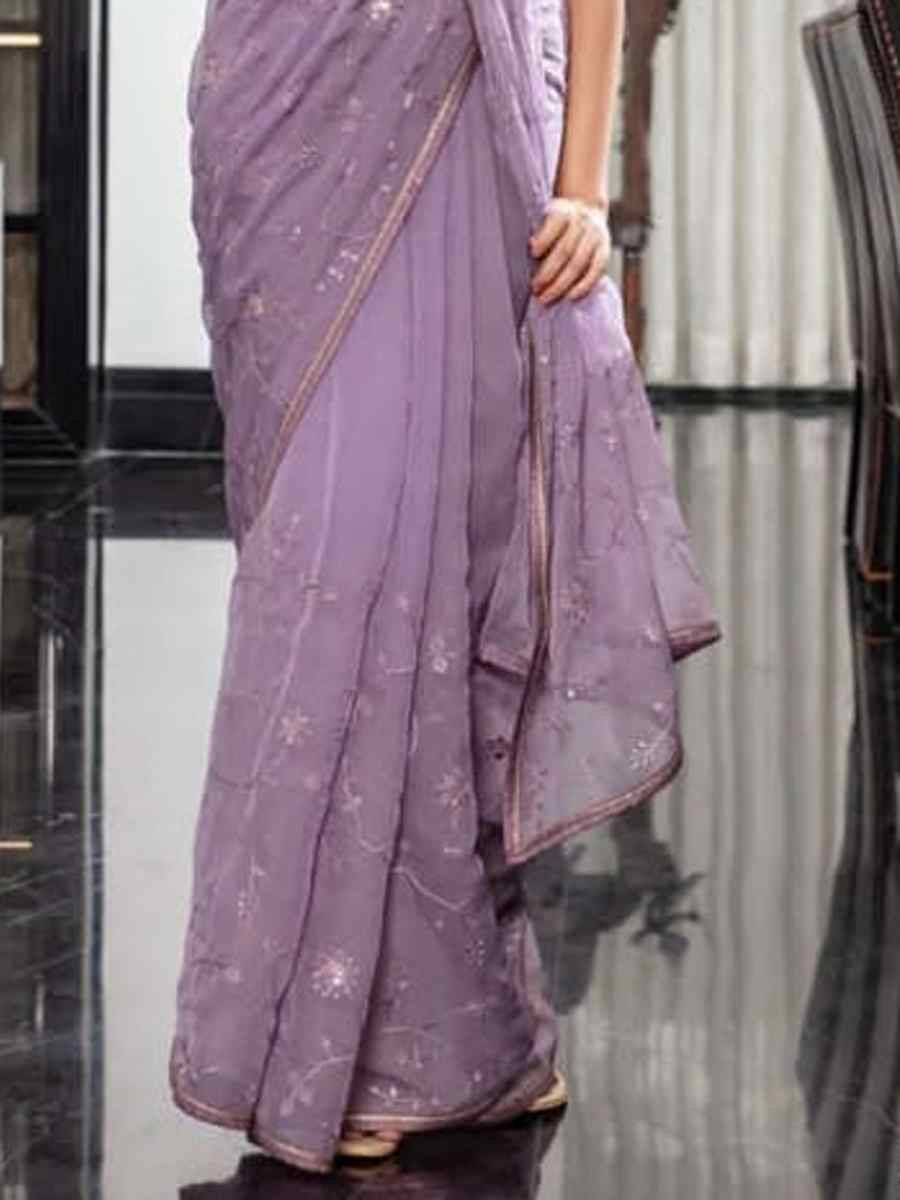 Lavender Chiffon Embroidered Festival Wedding Classic Style Saree