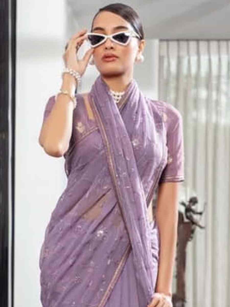 Lavender Chiffon Embroidered Festival Wedding Classic Style Saree