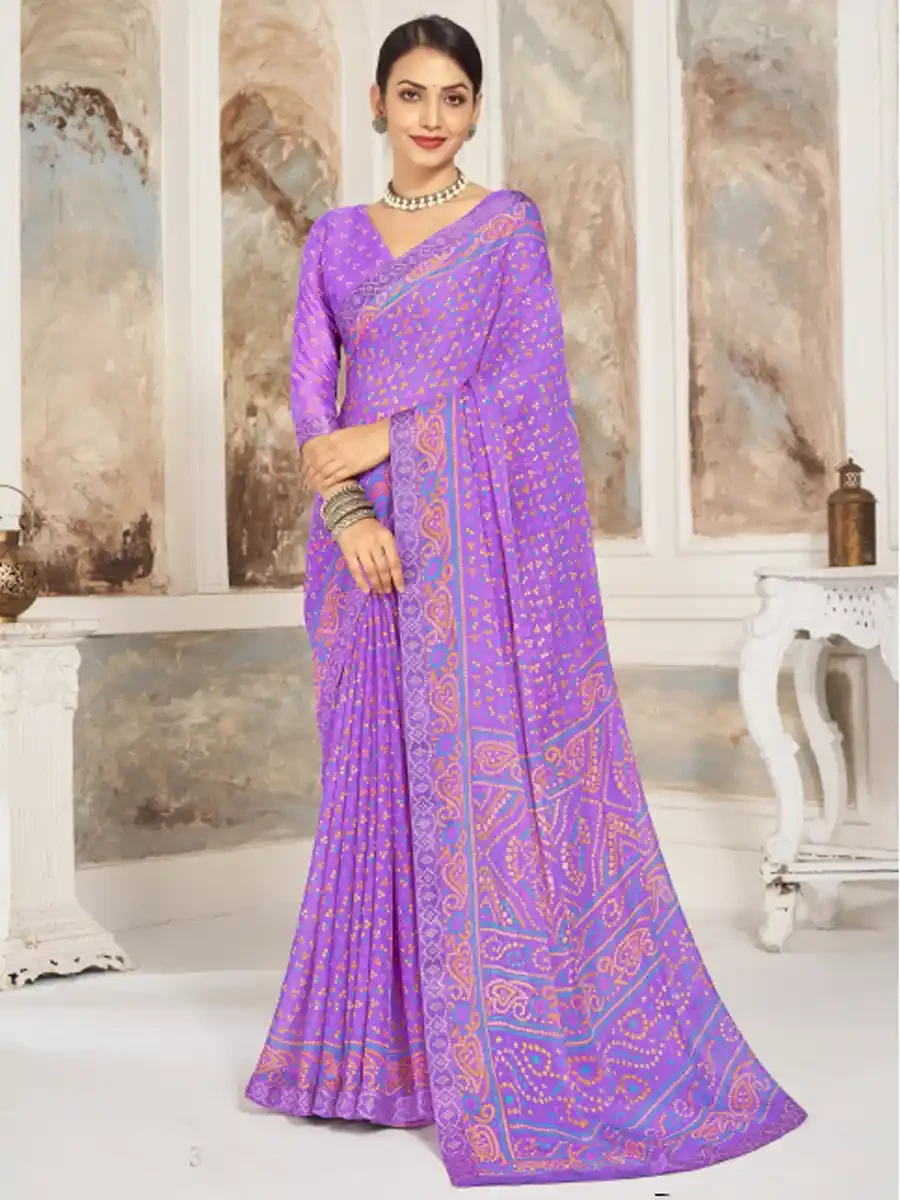 Lavender Chiffon Printed Festival Casual Contemporary Saree