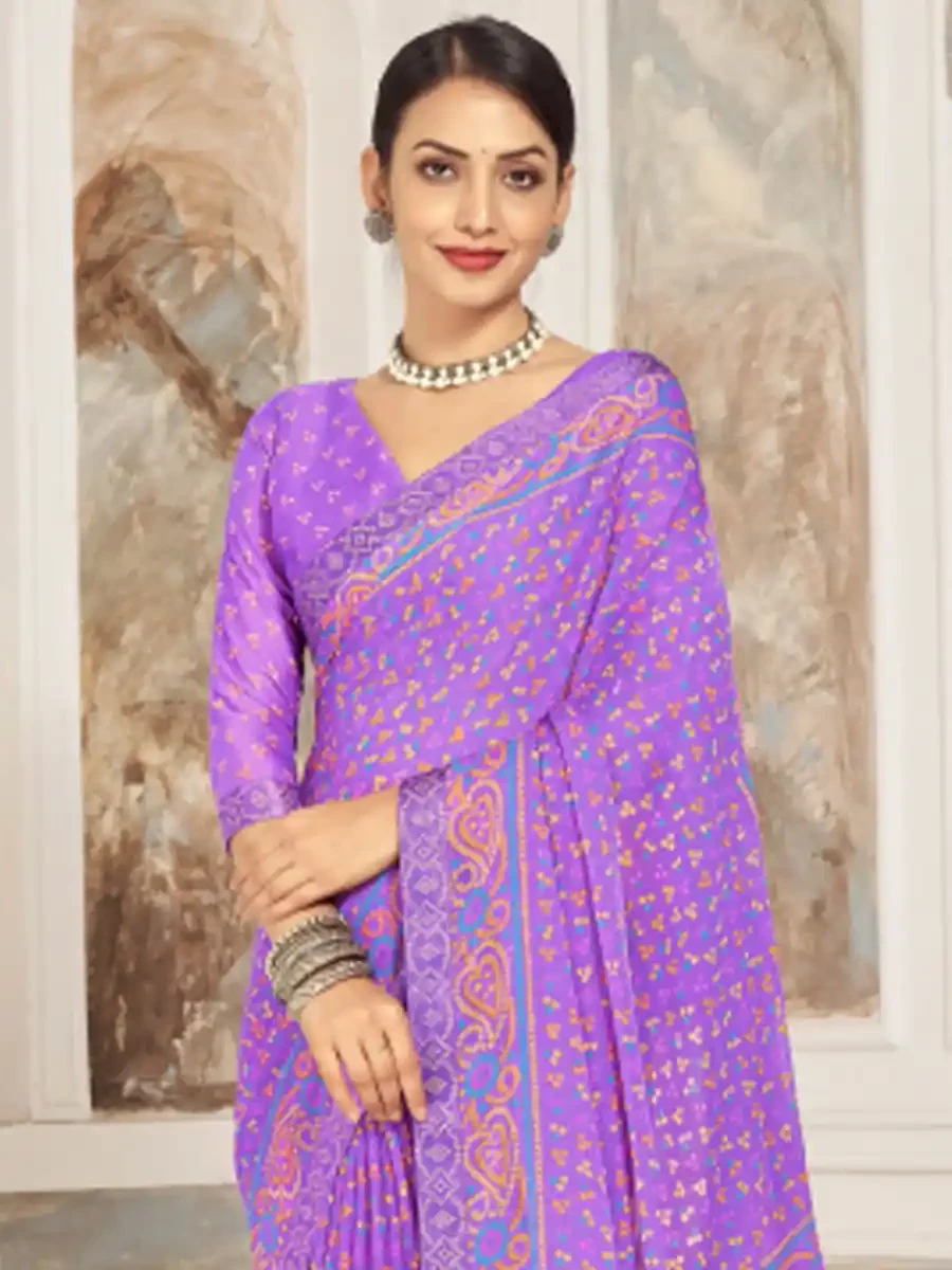 Lavender Chiffon Printed Festival Casual Contemporary Saree