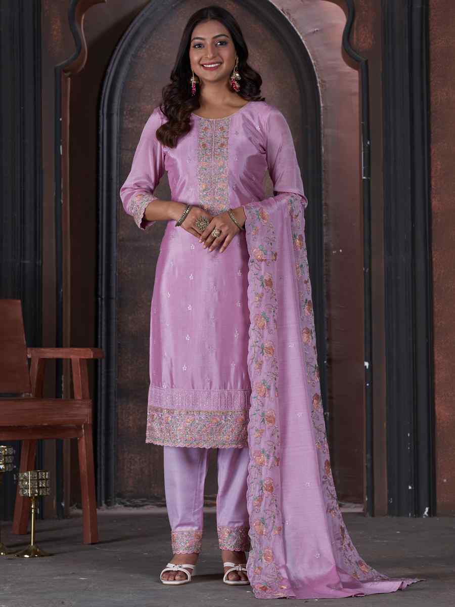 Lavender Chinon Embroidered Festival Mehendi Pant Salwar Kameez