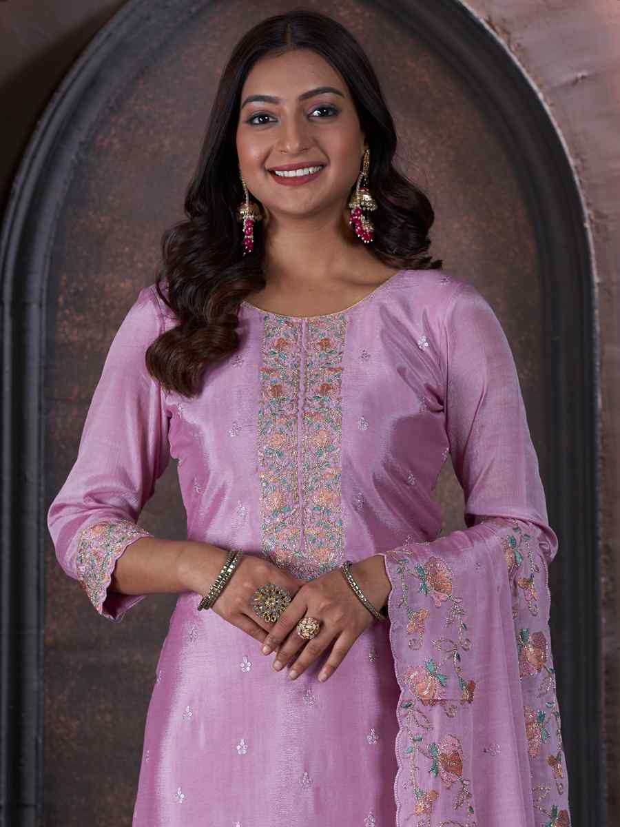 Lavender Chinon Embroidered Festival Mehendi Pant Salwar Kameez