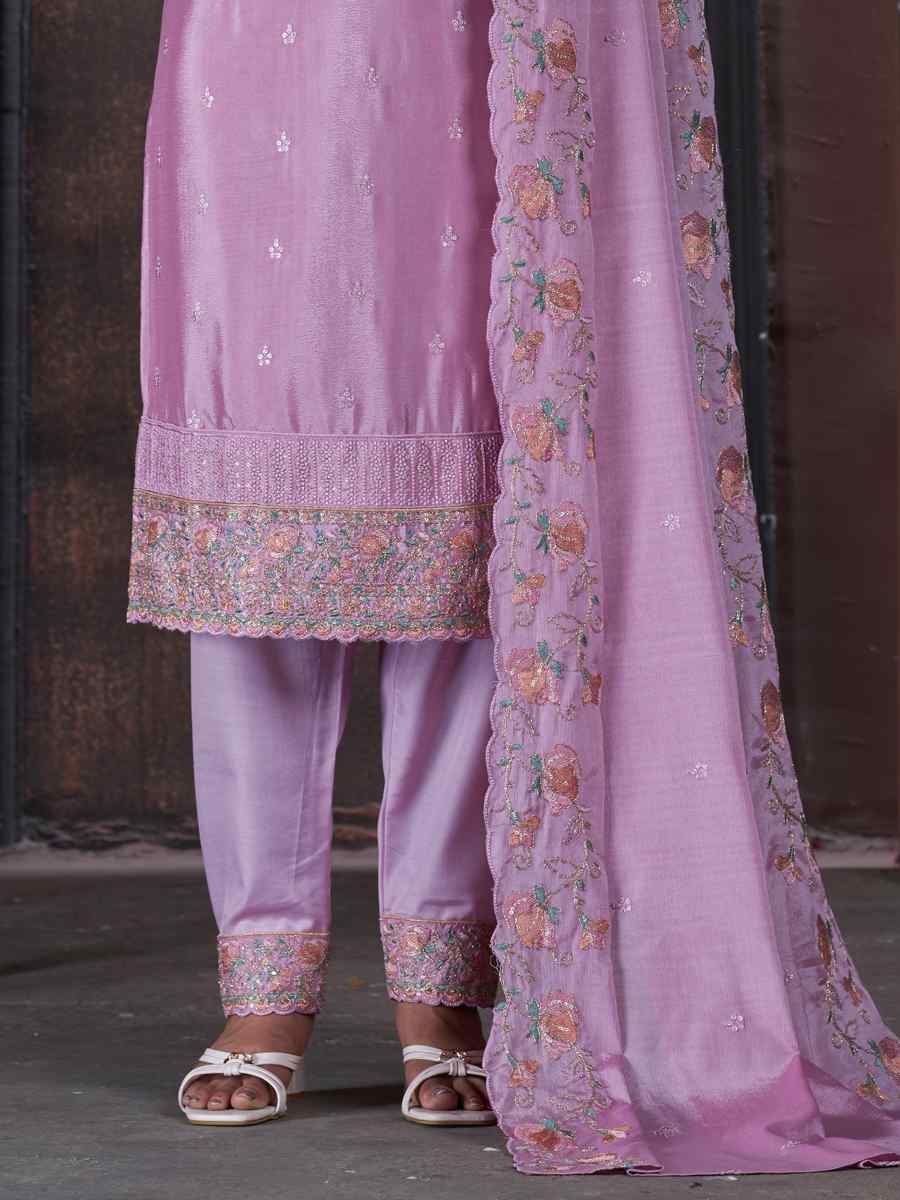 Lavender Chinon Embroidered Festival Mehendi Pant Salwar Kameez