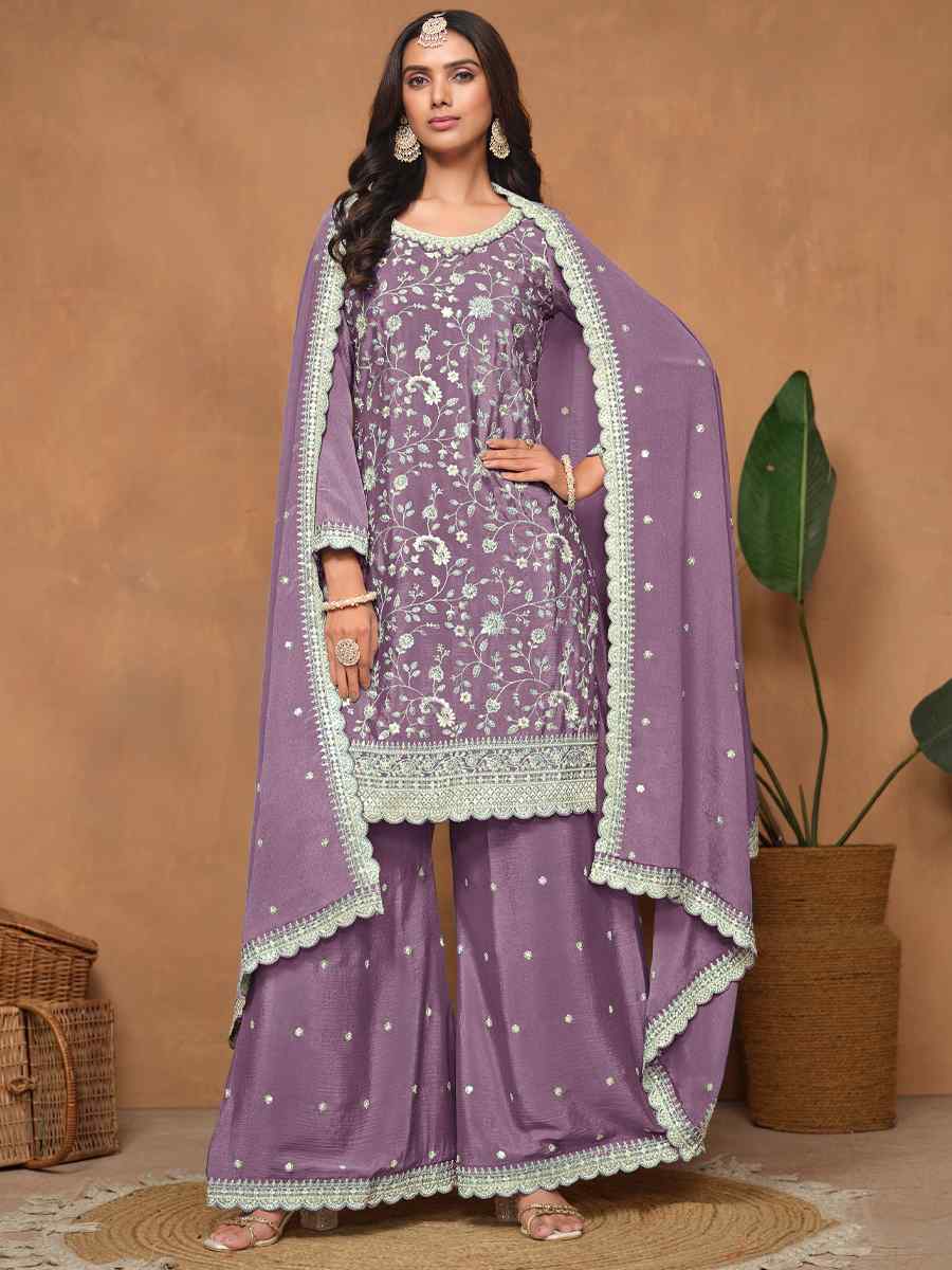 Lavender Chinon Embroidered Festival Wedding Palazzo Pant Salwar Kameez