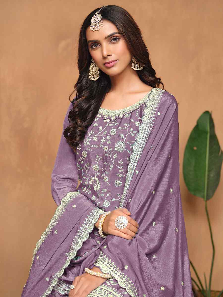 Lavender Chinon Embroidered Festival Wedding Palazzo Pant Salwar Kameez