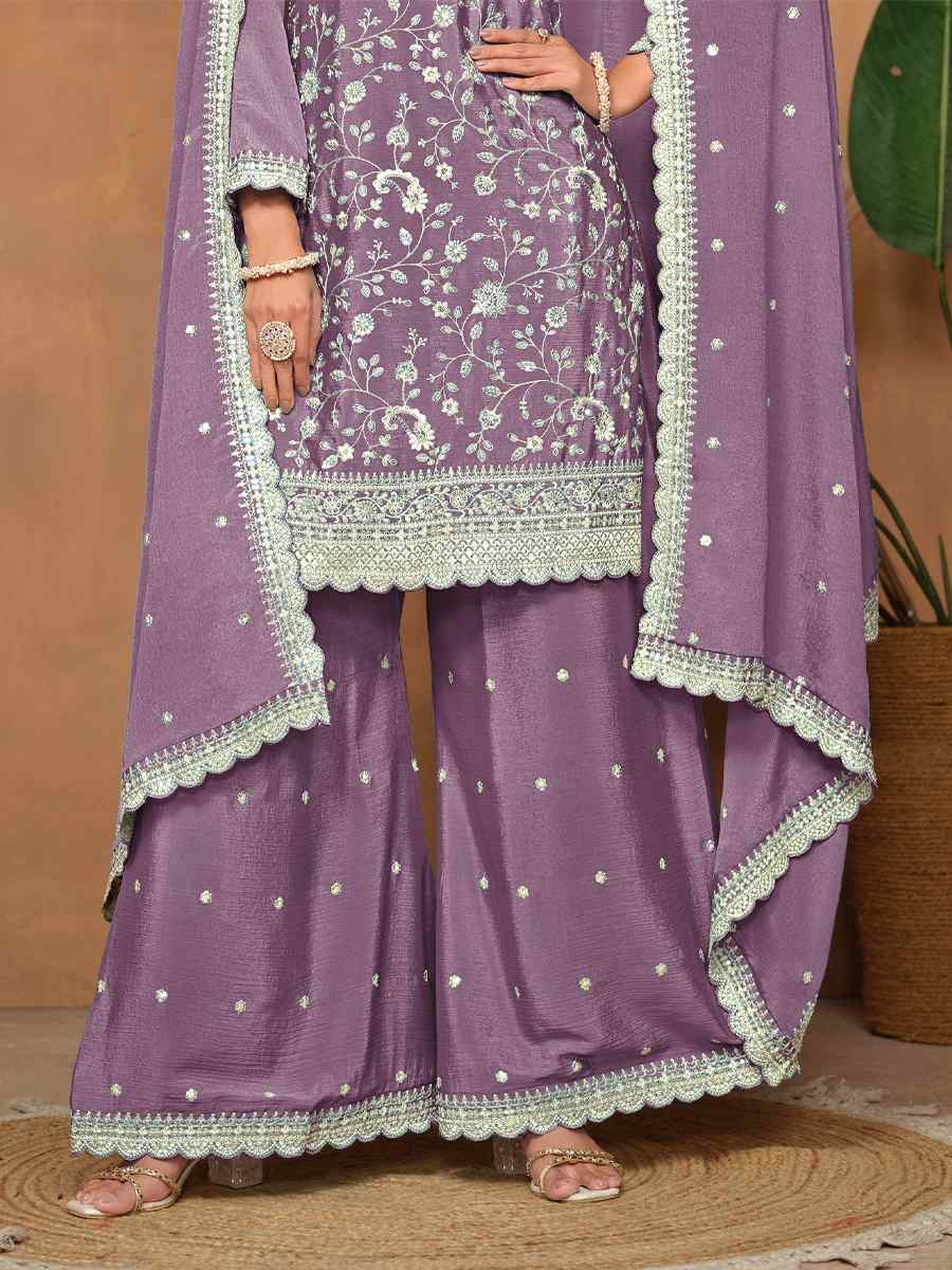 Lavender Chinon Embroidered Festival Wedding Palazzo Pant Salwar Kameez