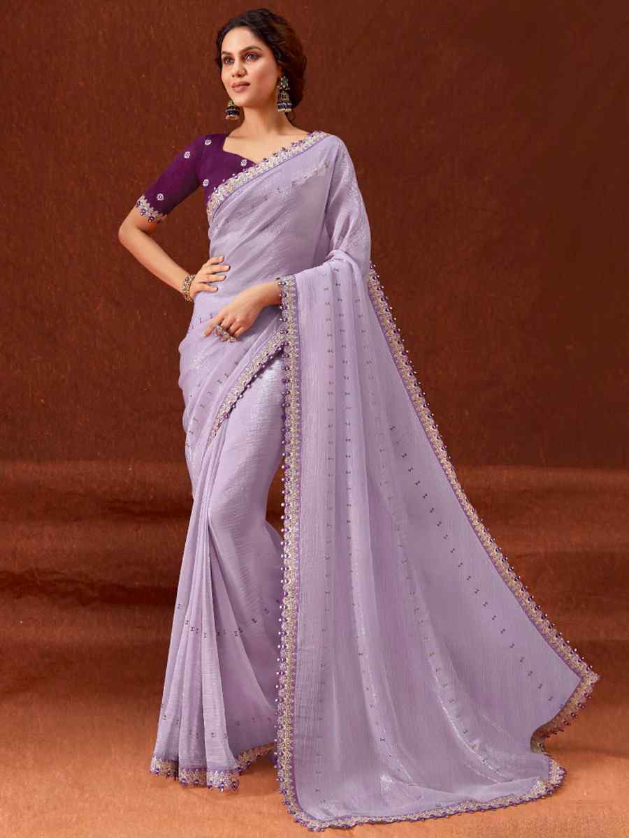 Lavender Chinon Embroidered Wedding Festival Heavy Border Saree