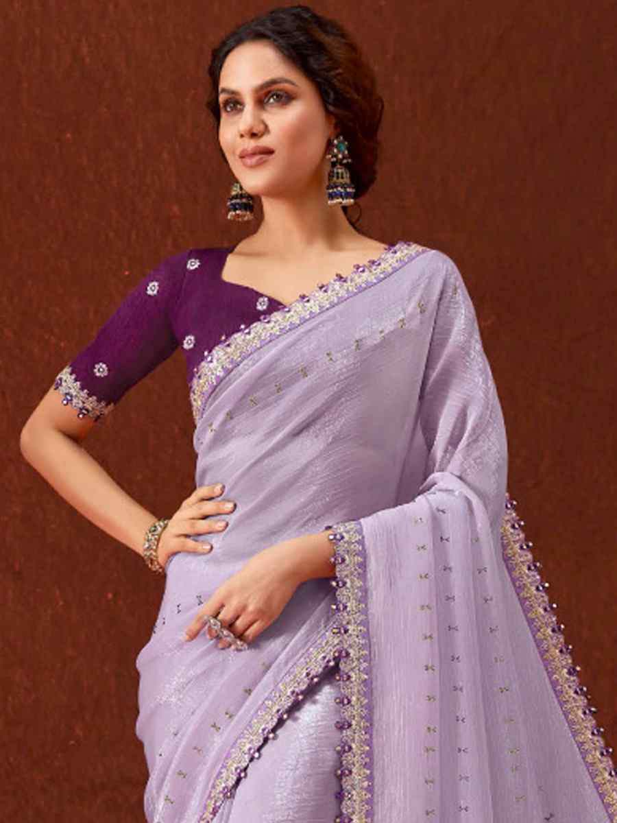 Lavender Chinon Embroidered Wedding Festival Heavy Border Saree