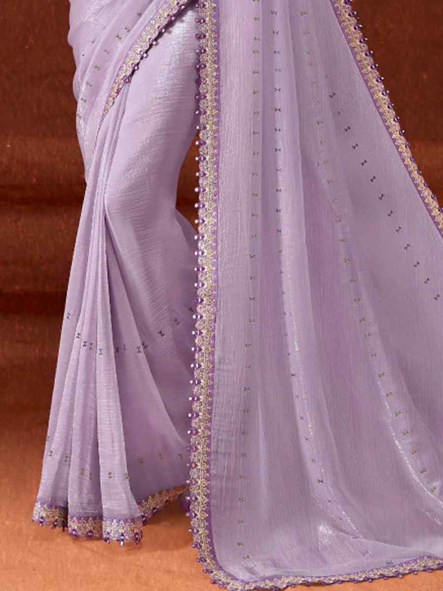 Lavender Chinon Embroidered Wedding Festival Heavy Border Saree