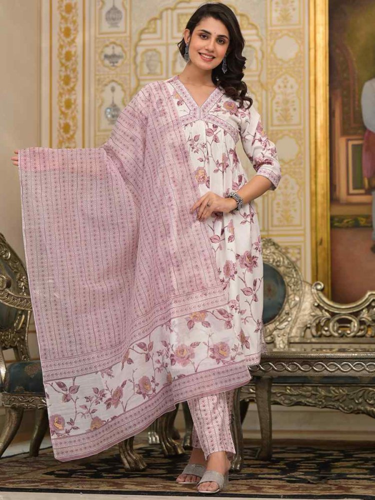 Lavender Cotton Embroidered Festival Casual Ready Pant Salwar Kameez