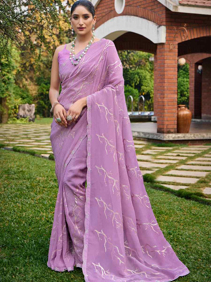 Lavender Crunchy Silk Embroidered Bridesmaid Reception Heavy Border Saree