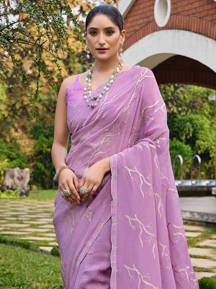 Lavender Crunchy Silk Embroidered Bridesmaid Reception Heavy Border Saree