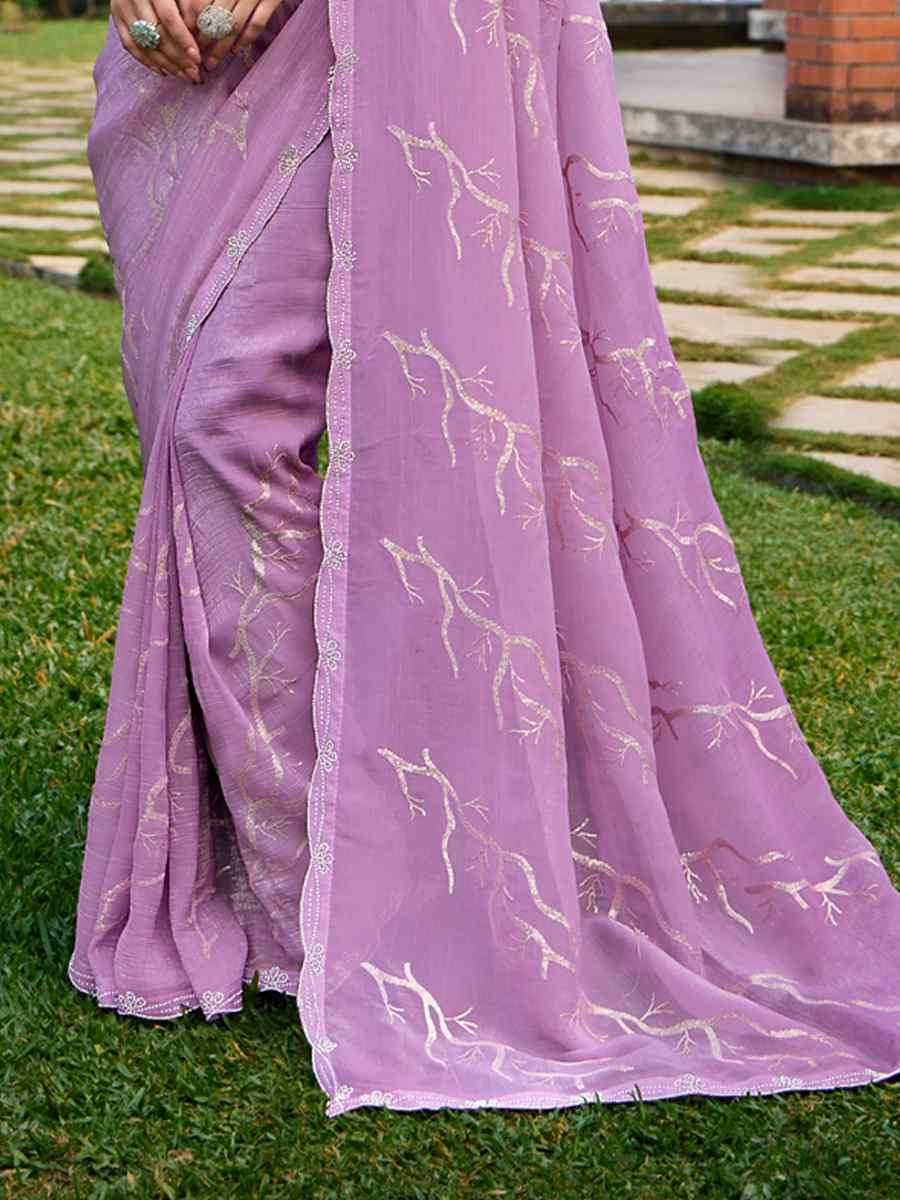 Lavender Crunchy Silk Embroidered Bridesmaid Reception Heavy Border Saree