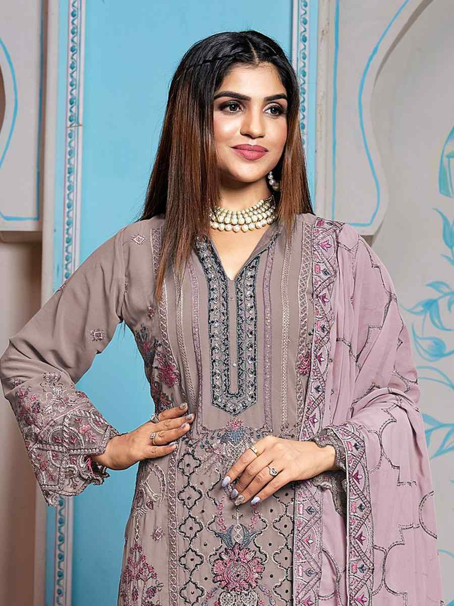 Lavender Faux Georgette Embroidered Festival Casual Pant Salwar Kameez