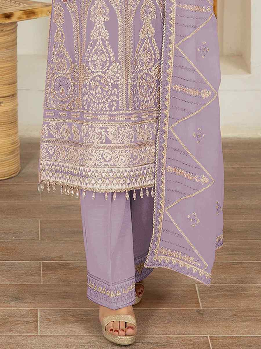 Lavender Faux Georgette Embroidered Festival Mehendi Pant Salwar Kameez