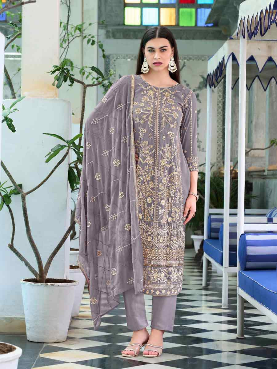 Lavender Faux Georgette Embroidered Festival Wedding Pant Ready Salwar Kameez