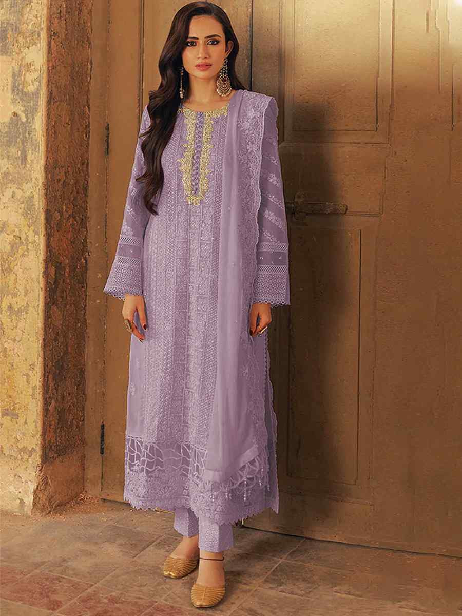 Lavender Faux Georgette Embroidered Festival Wedding Pant Salwar Kameez