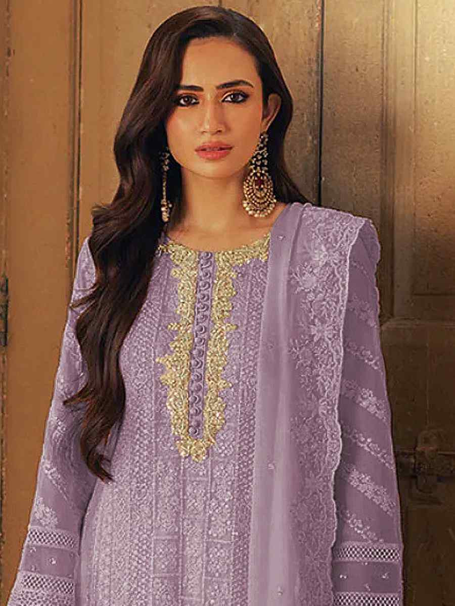 Lavender Faux Georgette Embroidered Festival Wedding Pant Salwar Kameez