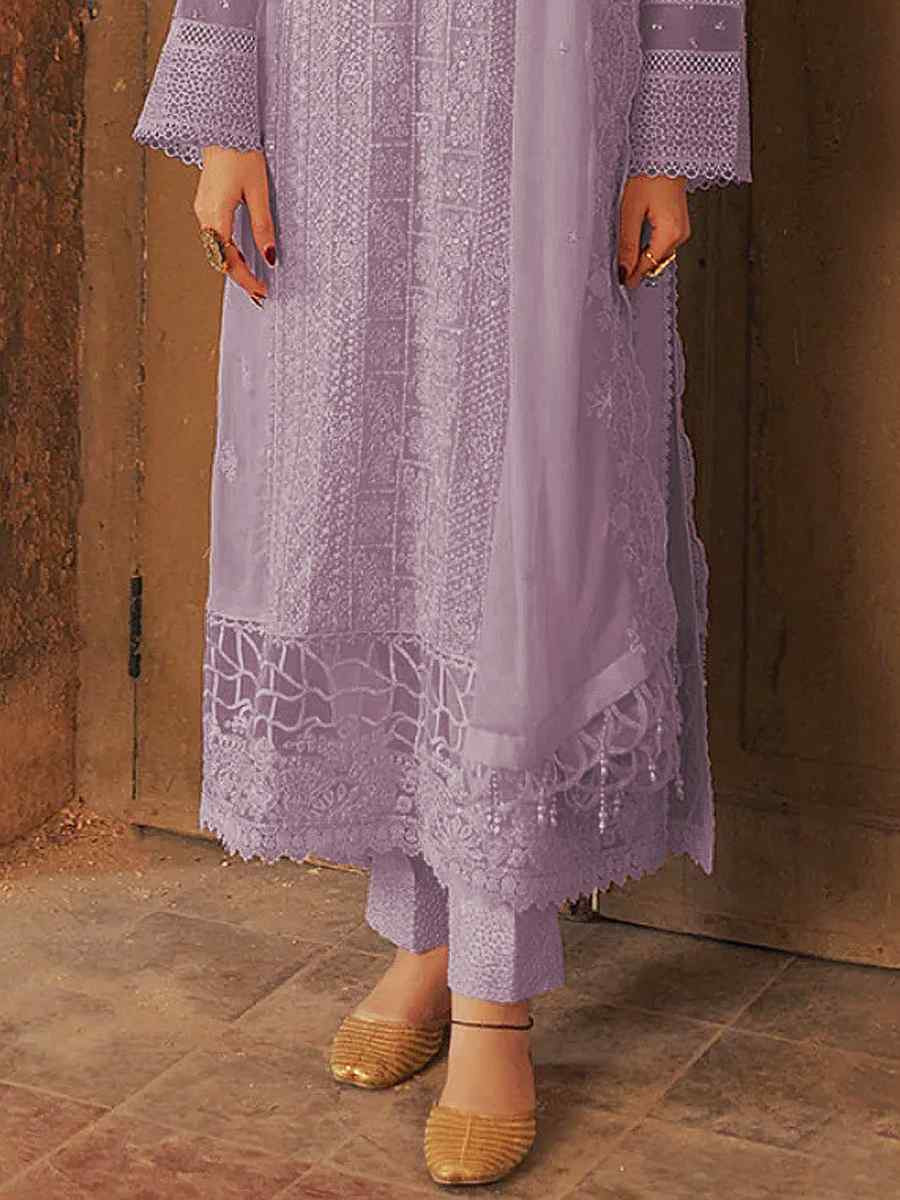 Lavender Faux Georgette Embroidered Festival Wedding Pant Salwar Kameez