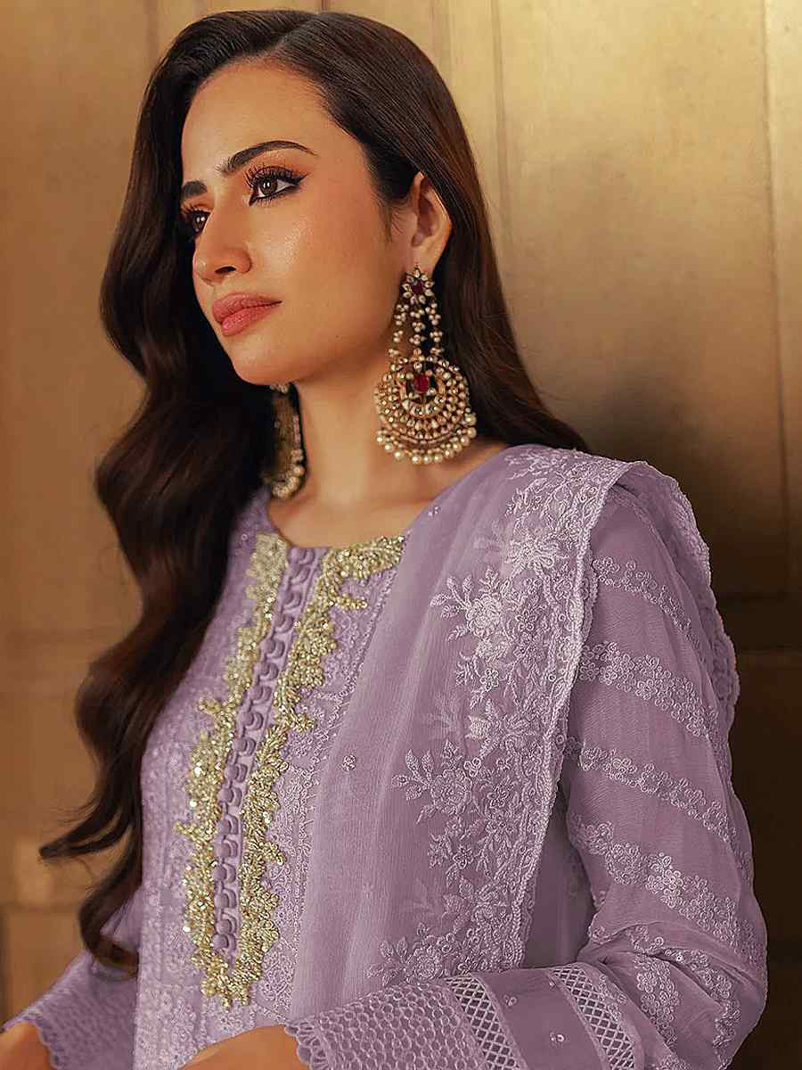 Lavender Faux Georgette Embroidered Festival Wedding Pant Salwar Kameez