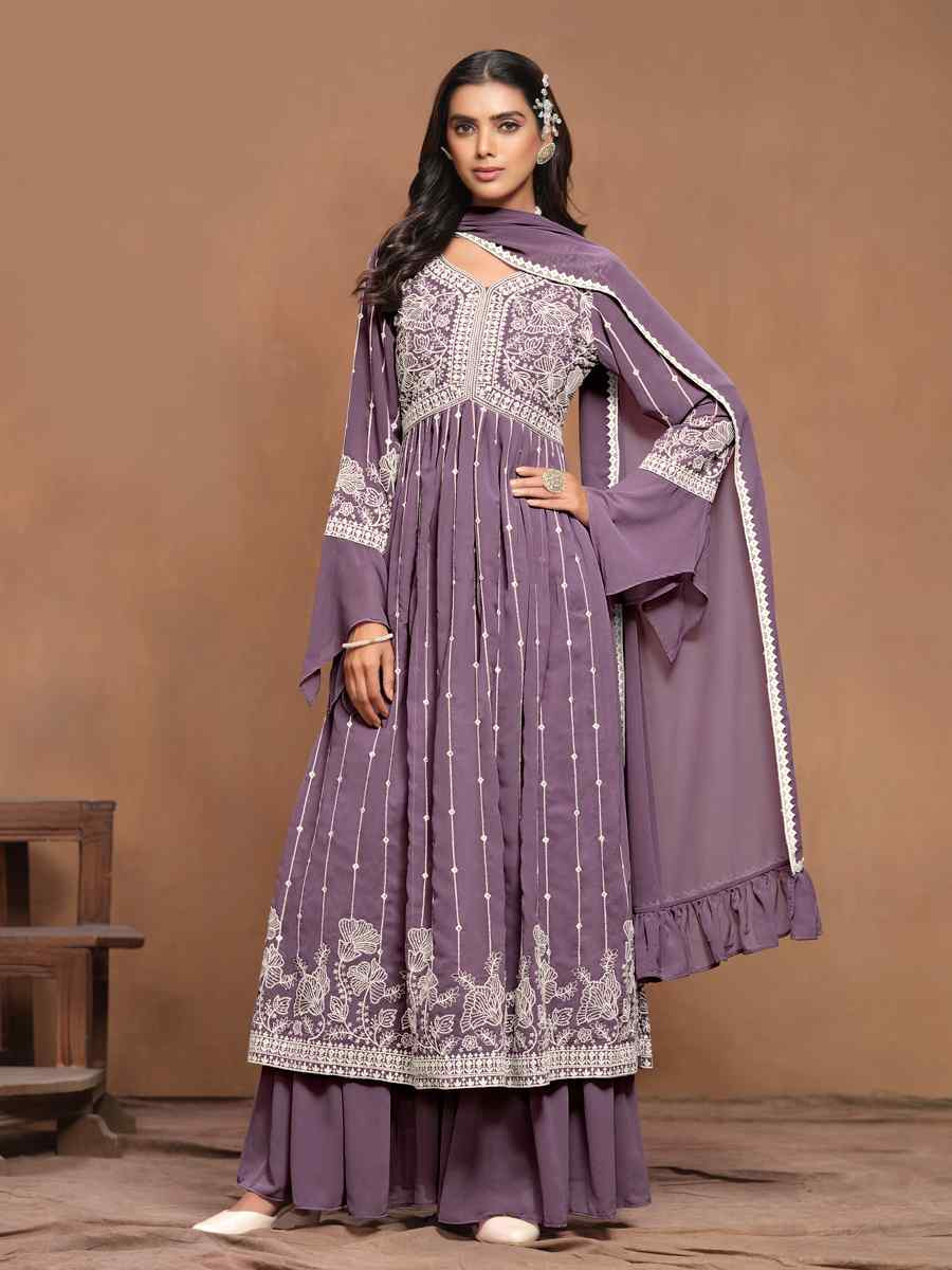 Lavender Faux Georgette Embroidered Festival Wedding Sharara Pant Salwar Kameez