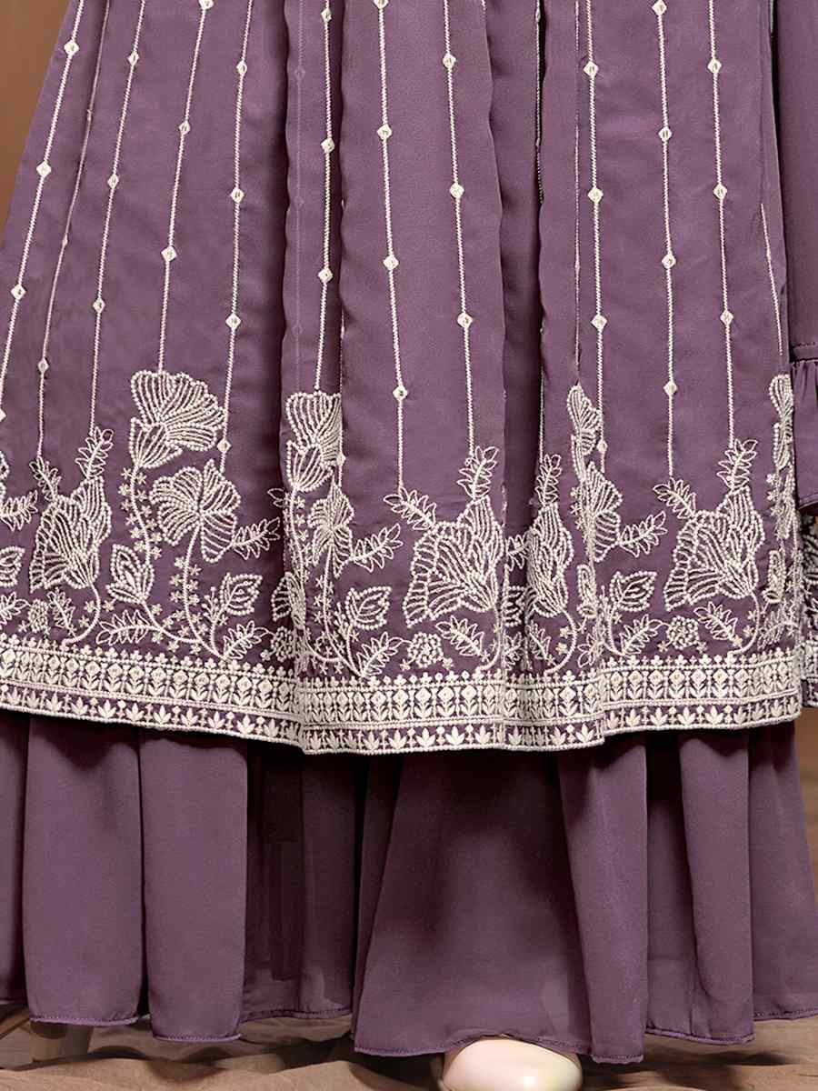 Lavender Faux Georgette Embroidered Festival Wedding Sharara Pant Salwar Kameez