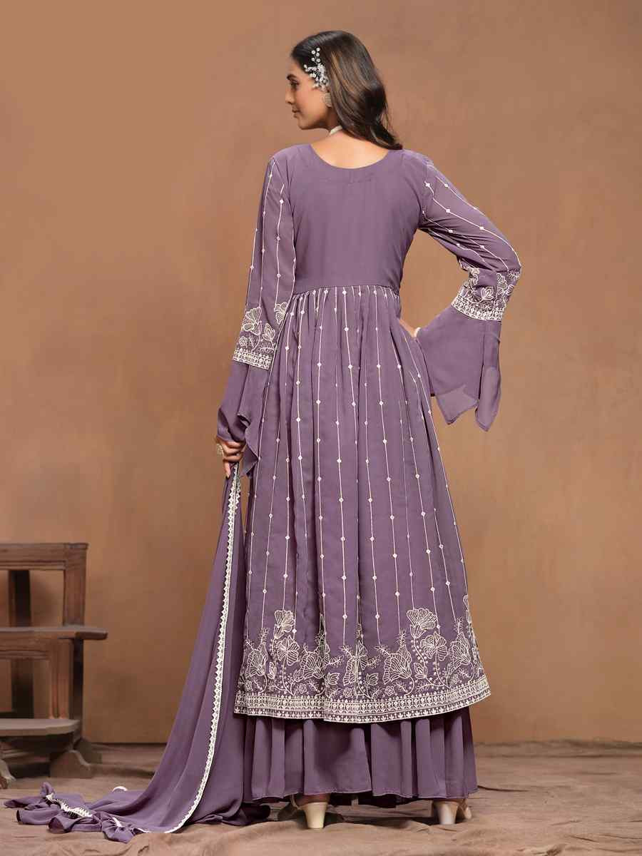 Lavender Faux Georgette Embroidered Festival Wedding Sharara Pant Salwar Kameez