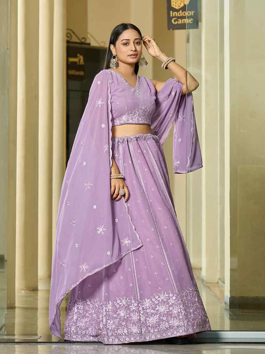 Lavender Georgette Embroidered Wedding Party Wear Heavy Border Lehenga Choli