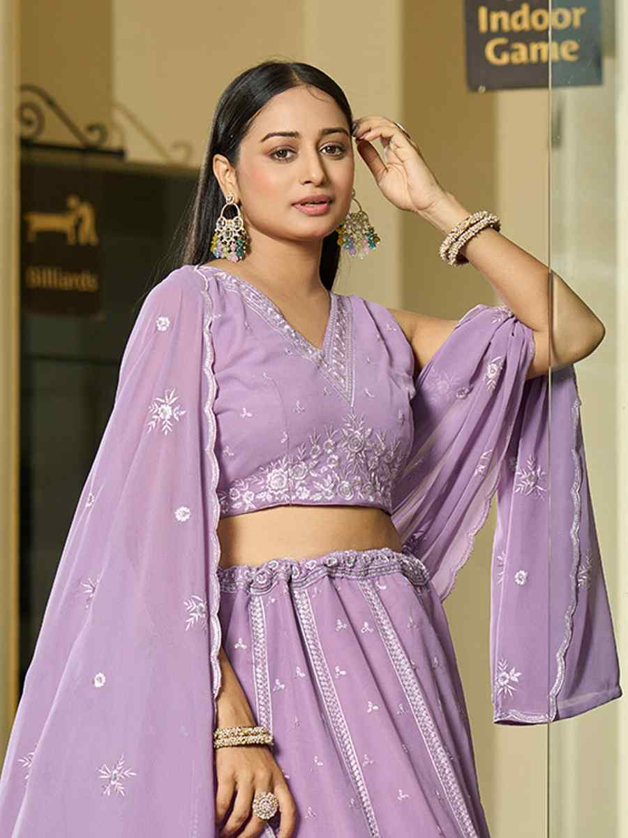 Lavender Georgette Embroidered Wedding Party Wear Heavy Border Lehenga Choli