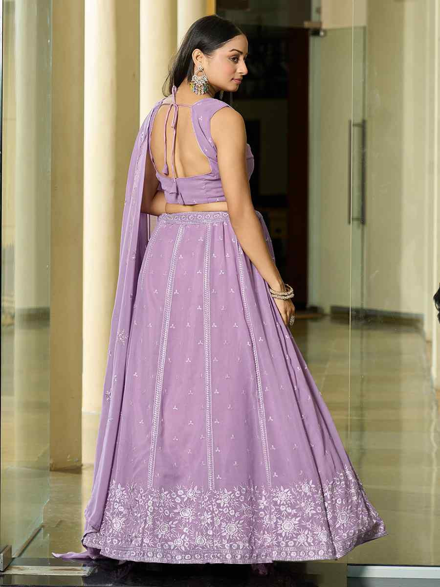 Lavender Georgette Embroidered Wedding Party Wear Heavy Border Lehenga Choli