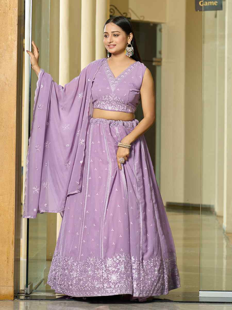 Lavender Georgette Embroidered Wedding Party Wear Heavy Border Lehenga Choli